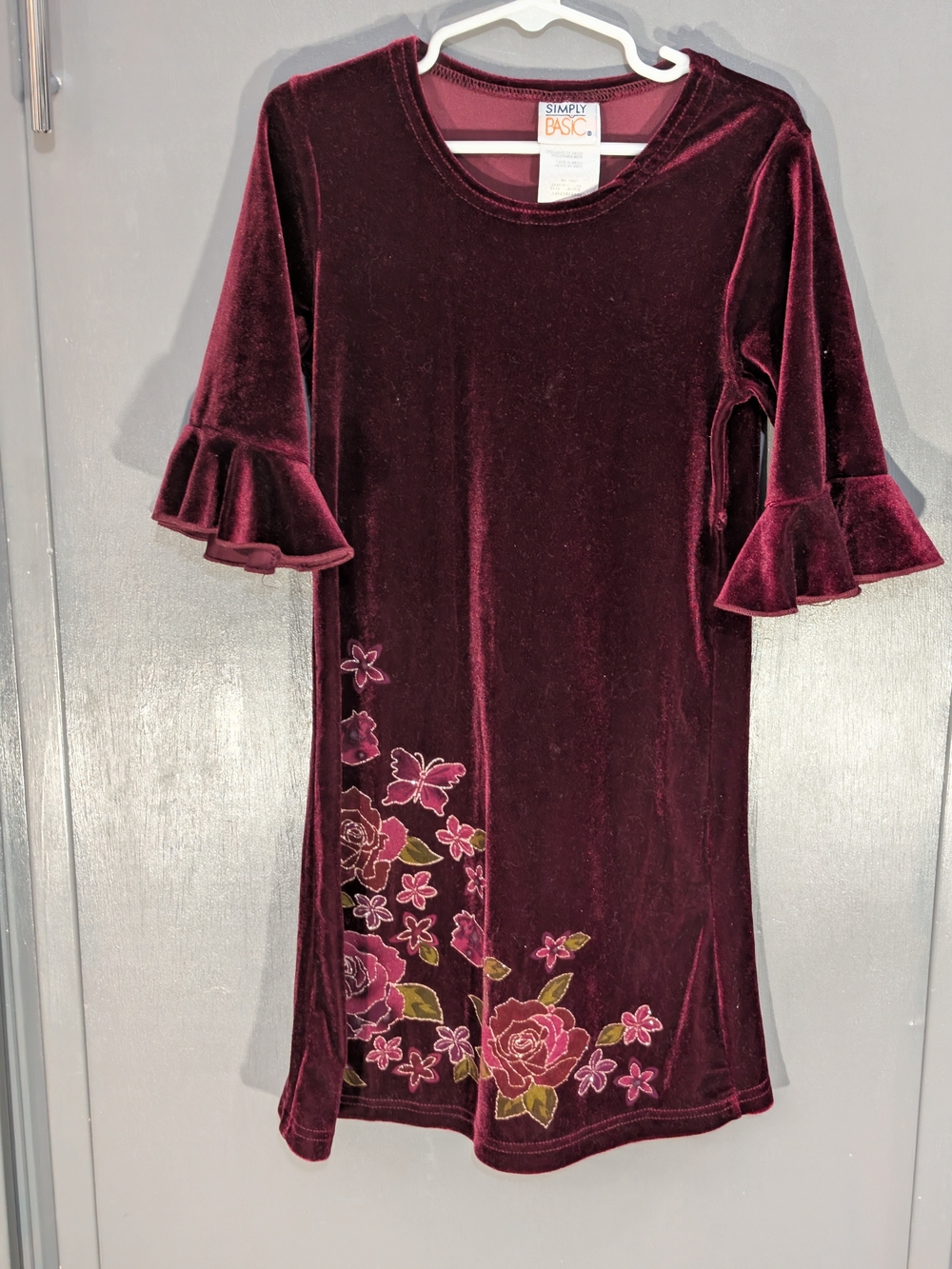 Vintage Y2K Simply Basic Burgundy Velvet Bell Sleeve Dress Floral Glitter Girls